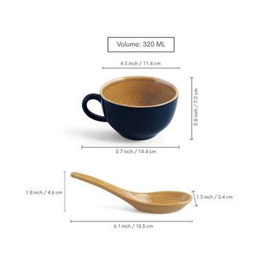 ExclusiveLane 'Mariana Blues' Ceramic Soup Bowls With Spoons (Set of 4, 320 ML, Microwave Safe, Hand Glazed)