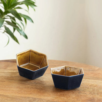 ExclusiveLane 'Mariana Blues' Ceramic Serving/Snack Bowls (Set Of 2, 420 ML, Microwave Safe, Hand Glazed)