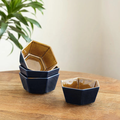 ExclusiveLane 'Mariana Blues' Ceramic Serving/Snack Bowls (Set Of 4, 420 ML, Microwave Safe, Hand Glazed)