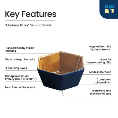 ExclusiveLane 'Mariana Blues' Ceramic Serving/Snack Bowls (Set Of 4, 420 ML, Microwave Safe, Hand Glazed)
