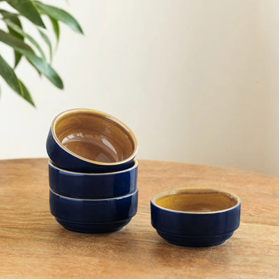 ExclusiveLane 'Mariana Blues' Ceramic Dinner Bowls/Katoris (Set Of 4, 175 ML, Microwave Safe, Hand Glazed)
