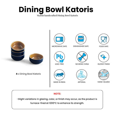 ExclusiveLane 'Mariana Blues' Ceramic Dinner Bowls/Katoris (Set Of 4, 175 ML, Microwave Safe, Hand Glazed)