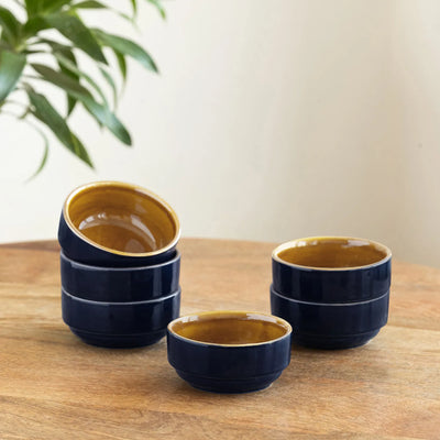 ExclusiveLane 'Mariana Blues' Ceramic Dinner Bowls/Katoris (Set Of 6, 175 ML, Microwave Safe, Hand Glazed)