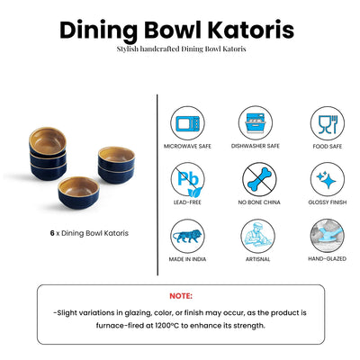 ExclusiveLane 'Mariana Blues' Ceramic Dinner Bowls/Katoris (Set Of 6, 175 ML, Microwave Safe, Hand Glazed)