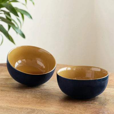 ExclusiveLane 'Mariana Blues' Ceramic Serving/Snack Bowls (Set Of 2, 550 ML, Microwave Safe, Hand Glazed)
