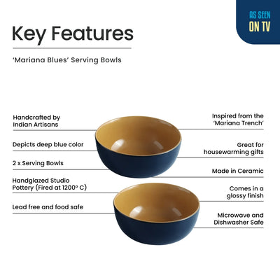 ExclusiveLane 'Mariana Blues' Ceramic Serving/Snack Bowls (Set Of 2, 550 ML, Microwave Safe, Hand Glazed)