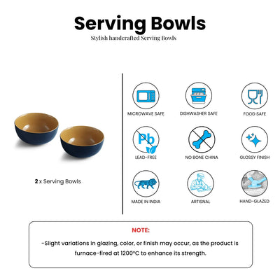 ExclusiveLane 'Mariana Blues' Ceramic Serving/Snack Bowls (Set Of 2, 550 ML, Microwave Safe, Hand Glazed)