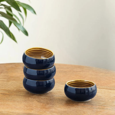 ExclusiveLane 'Mariana Blues' Ceramic Dinner Bowls/Katoris (Set Of 4, 140 ML, Microwave Safe, Hand Glazed)