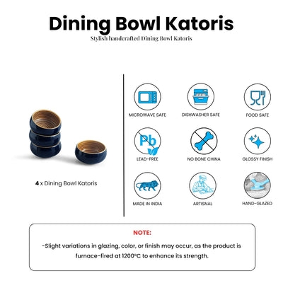 ExclusiveLane 'Mariana Blues' Ceramic Dinner Bowls/Katoris (Set Of 4, 140 ML, Microwave Safe, Hand Glazed)