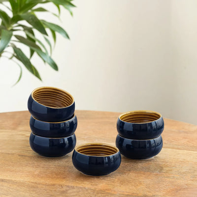 ExclusiveLane 'Mariana Blues' Ceramic Dinner Bowls/Katoris (Set Of 6, 140 ML, Microwave Safe, Hand Glazed)