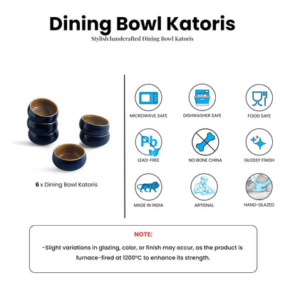 ExclusiveLane 'Mariana Blues' Ceramic Dinner Bowls/Katoris (Set Of 6, 140 ML, Microwave Safe, Hand Glazed)