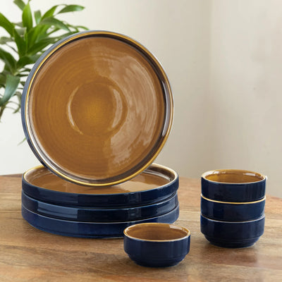 ExclusiveLane 'Mariana Blues' Ceramic Dinner Set (8 Pieces- 4 Dinner Plates & 4 Katoris, Serving for 4, Microwave Safe, Hand Glazed)