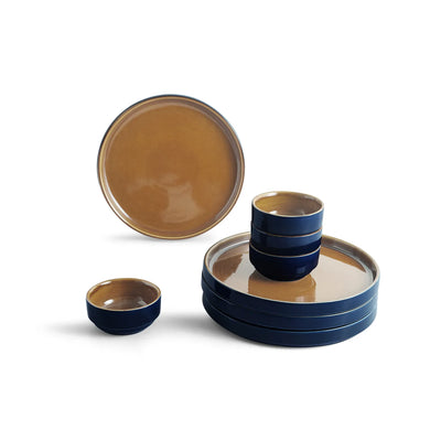 ExclusiveLane 'Mariana Blues' Ceramic Dinner Set (8 Pieces- 4 Dinner Plates & 4 Katoris, Serving for 4, Microwave Safe, Hand Glazed)