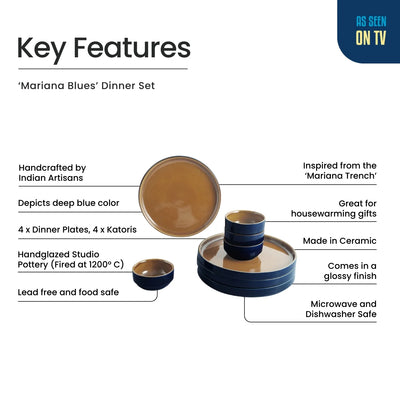 ExclusiveLane 'Mariana Blues' Ceramic Dinner Set (8 Pieces- 4 Dinner Plates & 4 Katoris, Serving for 4, Microwave Safe, Hand Glazed)