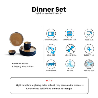 ExclusiveLane 'Mariana Blues' Ceramic Dinner Set (8 Pieces- 4 Dinner Plates & 4 Katoris, Serving for 4, Microwave Safe, Hand Glazed)
