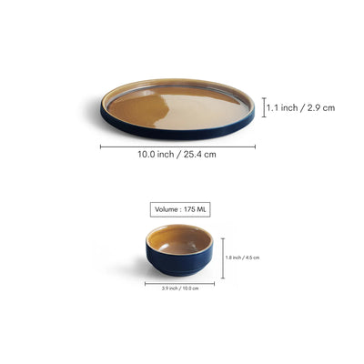 ExclusiveLane 'Mariana Blues' Ceramic Dinner Set (8 Pieces- 4 Dinner Plates & 4 Katoris, Serving for 4, Microwave Safe, Hand Glazed)