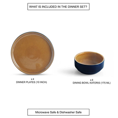 ExclusiveLane 'Mariana Blues' Ceramic Dinner Set (8 Pieces- 4 Dinner Plates & 4 Katoris, Serving for 4, Microwave Safe, Hand Glazed)