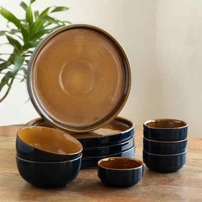 ExclusiveLane 'Mariana Blues' Ceramic Dinner Set (10 Pieces- 4 Dinner Plates, 2 Serving Bowls & 4 Katoris, Serving for 4, Microwave Safe, Hand Glazed)