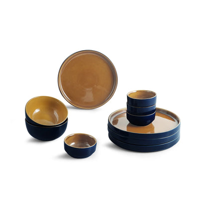 ExclusiveLane 'Mariana Blues' Ceramic Dinner Set (10 Pieces- 4 Dinner Plates, 2 Serving Bowls & 4 Katoris, Serving for 4, Microwave Safe, Hand Glazed)