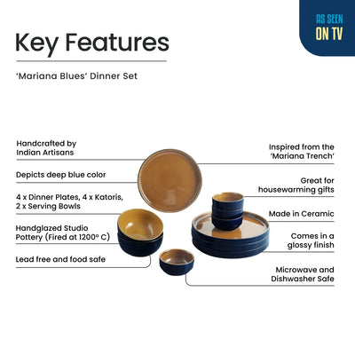 ExclusiveLane 'Mariana Blues' Ceramic Dinner Set (10 Pieces- 4 Dinner Plates, 2 Serving Bowls & 4 Katoris, Serving for 4, Microwave Safe, Hand Glazed)