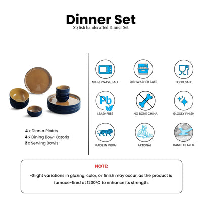 ExclusiveLane 'Mariana Blues' Ceramic Dinner Set (10 Pieces- 4 Dinner Plates, 2 Serving Bowls & 4 Katoris, Serving for 4, Microwave Safe, Hand Glazed)