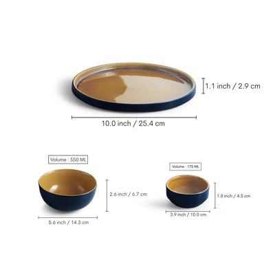 ExclusiveLane 'Mariana Blues' Ceramic Dinner Set (10 Pieces- 4 Dinner Plates, 2 Serving Bowls & 4 Katoris, Serving for 4, Microwave Safe, Hand Glazed)
