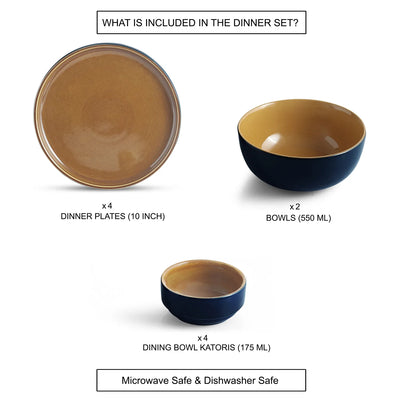 ExclusiveLane 'Mariana Blues' Ceramic Dinner Set (10 Pieces- 4 Dinner Plates, 2 Serving Bowls & 4 Katoris, Serving for 4, Microwave Safe, Hand Glazed)