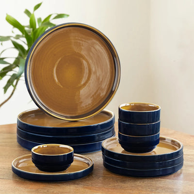 ExclusiveLane 'Mariana Blues' Ceramic Dinner Set (12 Pieces- 4 Dinner Plates, 4 Side/Quarter Plates & 4 Katoris, Serving for 4, Microwave Safe, Hand Glazed)