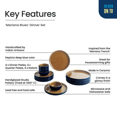 ExclusiveLane 'Mariana Blues' Ceramic Dinner Set (12 Pieces- 4 Dinner Plates, 4 Side/Quarter Plates & 4 Katoris, Serving for 4, Microwave Safe, Hand Glazed)