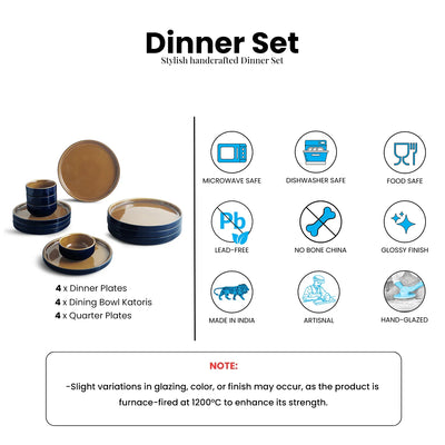 ExclusiveLane 'Mariana Blues' Ceramic Dinner Set (12 Pieces- 4 Dinner Plates, 4 Side/Quarter Plates & 4 Katoris, Serving for 4, Microwave Safe, Hand Glazed)