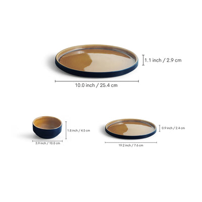 ExclusiveLane 'Mariana Blues' Ceramic Dinner Set (12 Pieces- 4 Dinner Plates, 4 Side/Quarter Plates & 4 Katoris, Serving for 4, Microwave Safe, Hand Glazed)