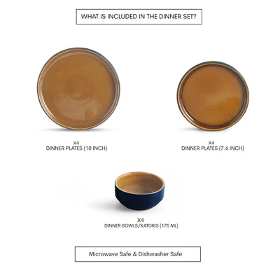 ExclusiveLane 'Mariana Blues' Ceramic Dinner Set (12 Pieces- 4 Dinner Plates, 4 Side/Quarter Plates & 4 Katoris, Serving for 4, Microwave Safe, Hand Glazed)