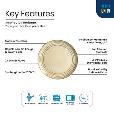 ExclusiveLane 'Wheat Serenity' Porcelain Dinner Plates (Set of 2, Microwave Safe, Hand Glazed)