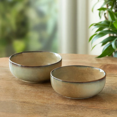 ExclusiveLane 'Wheat Serenity' Porcelain Serving/Snack Bowls (Set Of 2, 650 ML, Microwave Safe, Hand Glazed)
