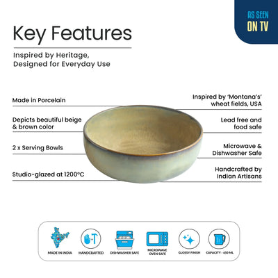 ExclusiveLane 'Wheat Serenity' Porcelain Serving/Snack Bowls (Set Of 2, 650 ML, Microwave Safe, Hand Glazed)
