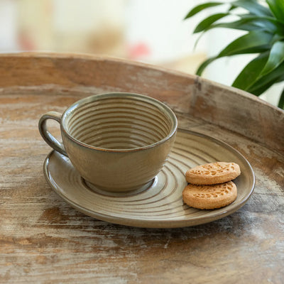 ExclusiveLane 'Wheat Serenity' Porcelain Cappuccino Coffee Cups & Saucers (220 ML, Microwave Safe, Hand Glazed)