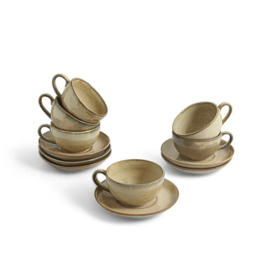 ExclusiveLane 'Wheat Serenity' Porcelain Cups & Saucers For Coffee & Tea (Set of 6, 200 ML, Microwave Safe, Hand Glazed)