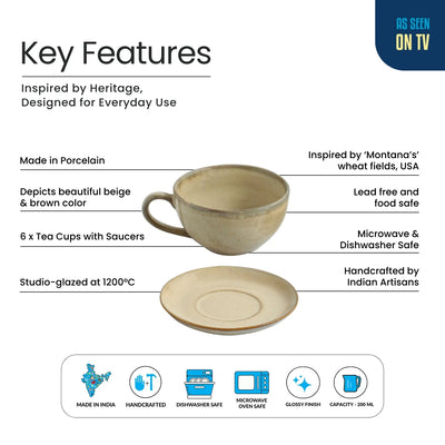 ExclusiveLane 'Wheat Serenity' Porcelain Cups & Saucers For Coffee & Tea (Set of 6, 200 ML, Microwave Safe, Hand Glazed)