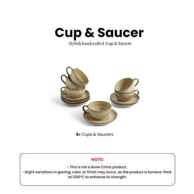 ExclusiveLane 'Wheat Serenity' Porcelain Cups & Saucers For Coffee & Tea (Set of 6, 200 ML, Microwave Safe, Hand Glazed)