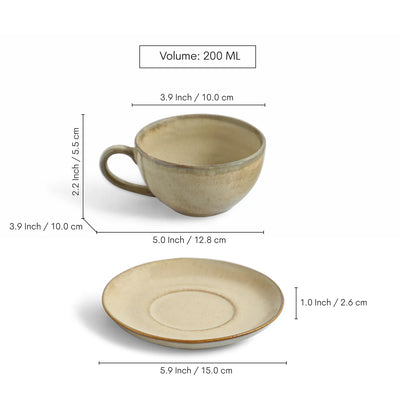 ExclusiveLane 'Wheat Serenity' Porcelain Cups & Saucers For Coffee & Tea (Set of 6, 200 ML, Microwave Safe, Hand Glazed)