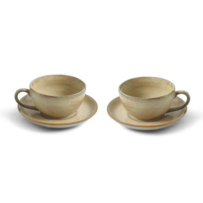 ExclusiveLane 'Wheat Serenity' Porcelain Cups & Saucers For Coffee & Tea (Set of 2, 200 ML, Microwave Safe, Hand Glazed)