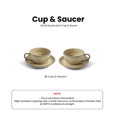 ExclusiveLane 'Wheat Serenity' Porcelain Cups & Saucers For Coffee & Tea (Set of 2, 200 ML, Microwave Safe, Hand Glazed)