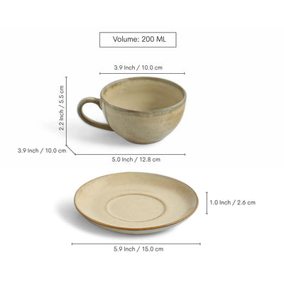 ExclusiveLane 'Wheat Serenity' Porcelain Cups & Saucers For Coffee & Tea (Set of 2, 200 ML, Microwave Safe, Hand Glazed)