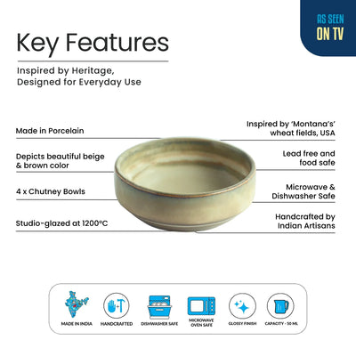 ExclusiveLane 'Wheat Serenity' Ceramic Chutney & Pickle Bowls (Set Of 4, 50 ML, Microwave Safe, Hand Glazed)