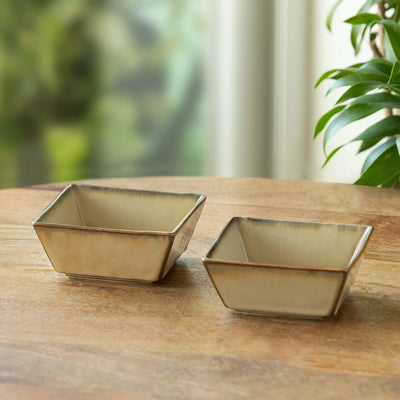 ExclusiveLane 'Wheat Serenity' Porcelain Serving/Snack Bowls (Set Of 2, 300 ML, Microwave Safe, Hand Glazed)
