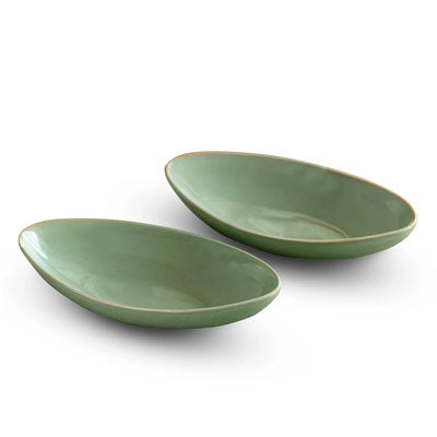 ExclusiveLane 'Sage Serenity' Porcelain Serving Platters (Set of 2, 390 ML, Microwave Safe, Hand Glazed)