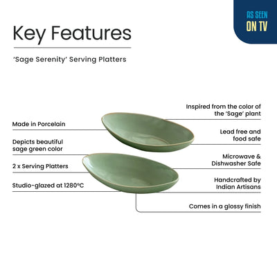 ExclusiveLane 'Sage Serenity' Porcelain Serving Platters (Set of 2, 390 ML, Microwave Safe, Hand Glazed)