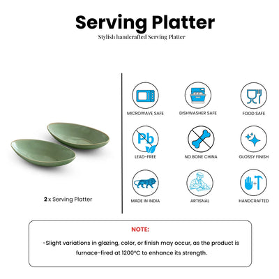 ExclusiveLane 'Sage Serenity' Porcelain Serving Platters (Set of 2, 390 ML, Microwave Safe, Hand Glazed)