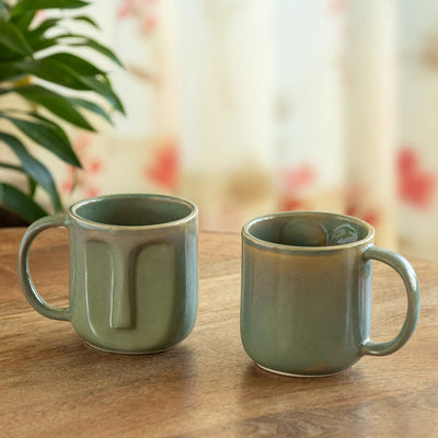 ExclusiveLane 'Sage Serenity' Porcelain Tea & Coffee Mugs (Set of 2, 380 ML, Microwave Safe, Hand Glazed)