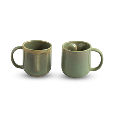 ExclusiveLane 'Sage Serenity' Porcelain Tea & Coffee Mugs (Set of 2, 380 ML, Microwave Safe, Hand Glazed)